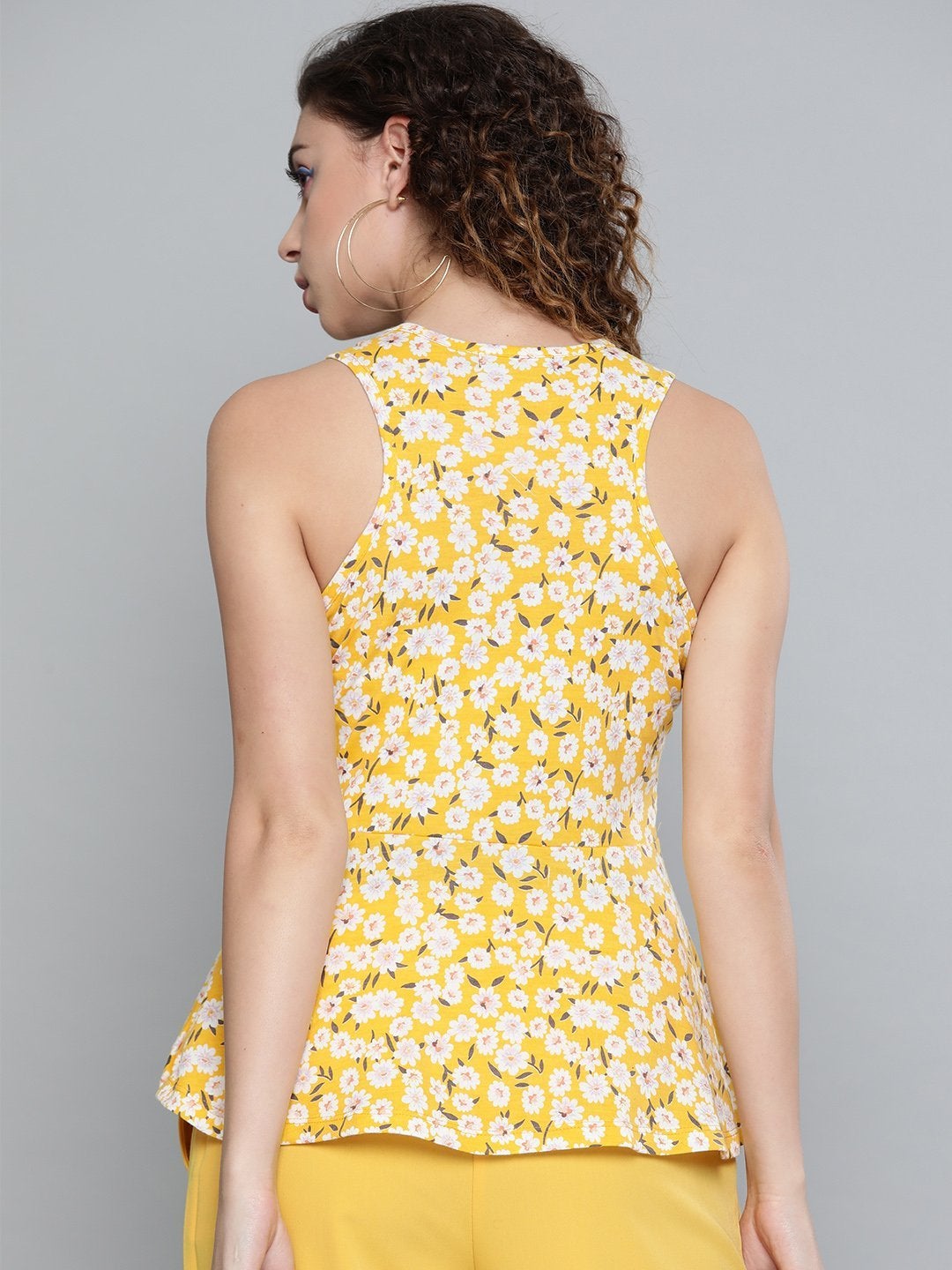 Women's Yellow Ditsy Floral Box Back Peplum Top - SASSAFRAS