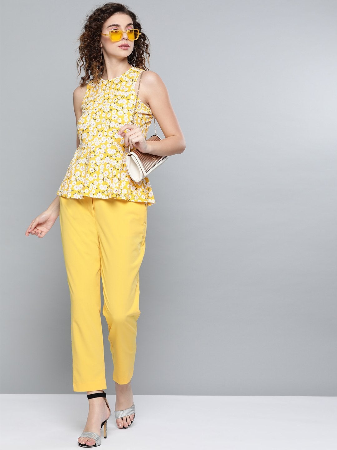 Women's Yellow Ditsy Floral Box Back Peplum Top - SASSAFRAS