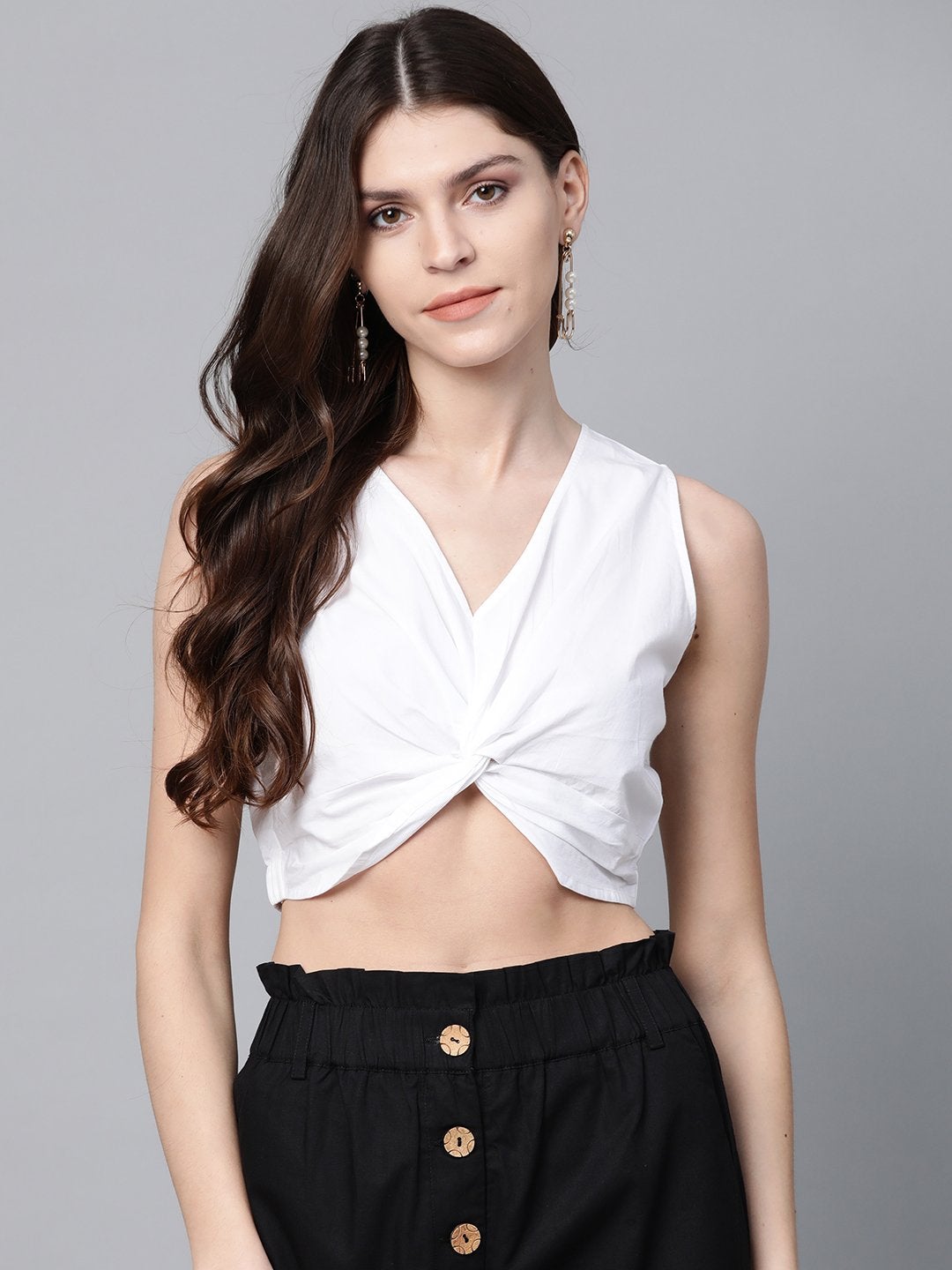 Women's White Poplin Front Knot Crop Top - SASSAFRAS