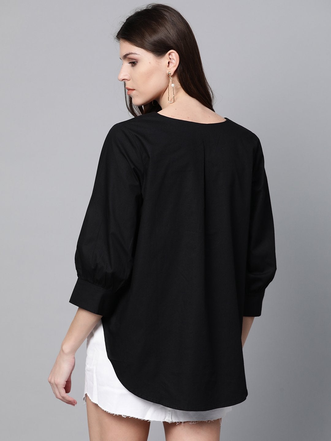 Women's Black High Low Tape Detail Boxy Top - SASSAFRAS