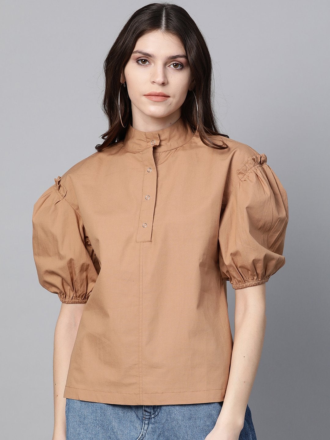 Women's Brown Puff Sleeve Regular Top - SASSAFRAS