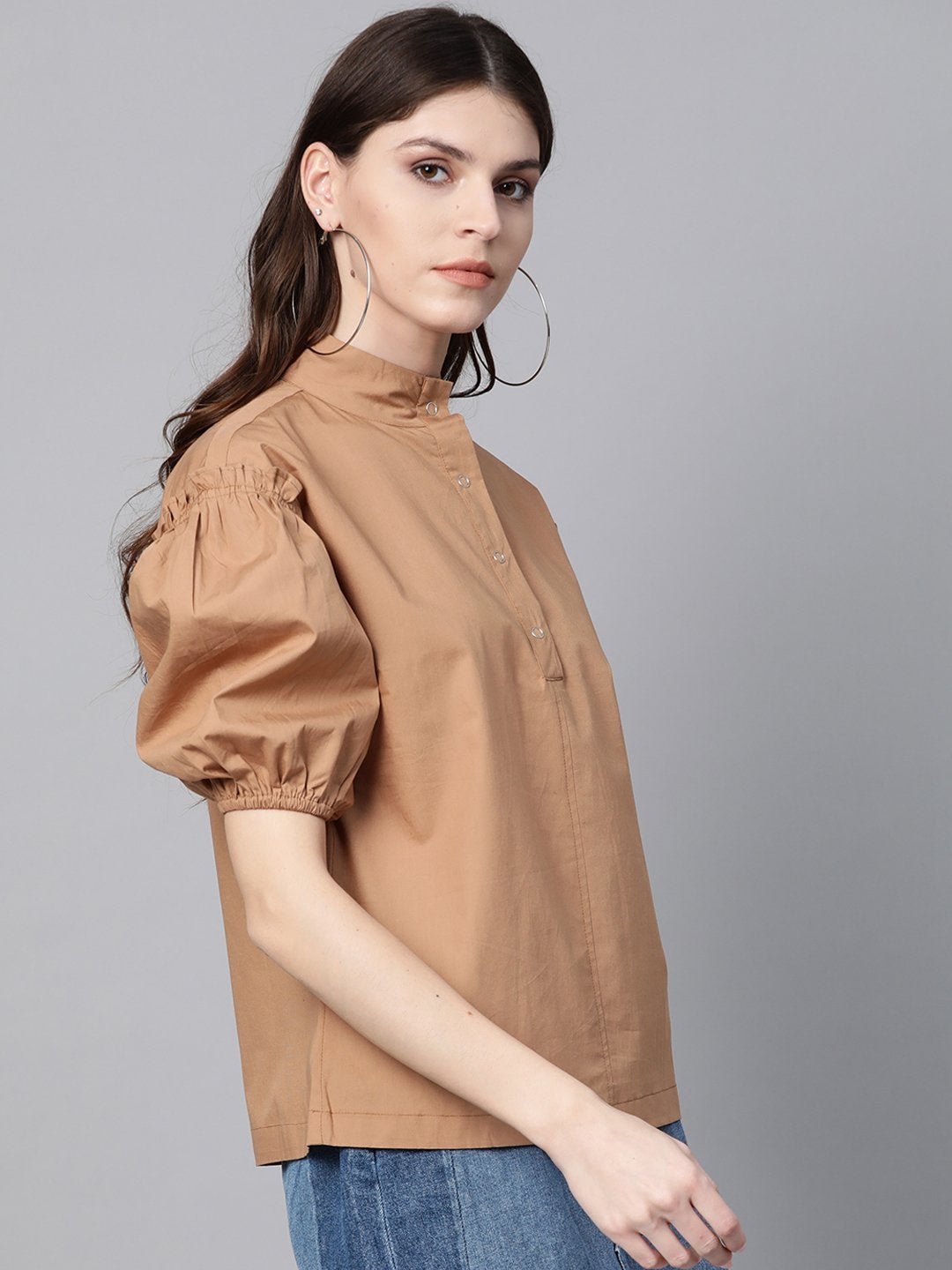 Women's Brown Puff Sleeve Regular Top - SASSAFRAS