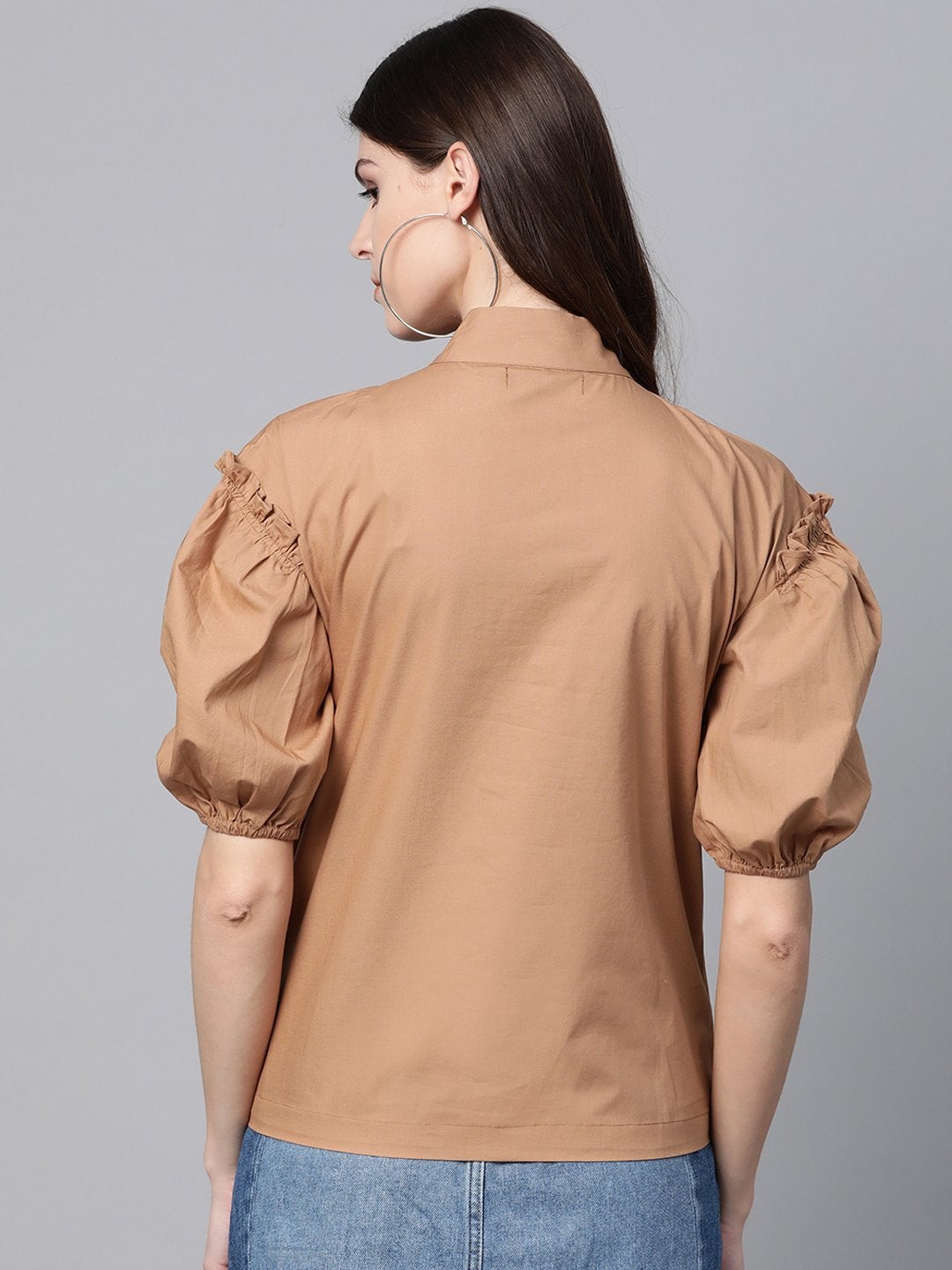 Women's Brown Puff Sleeve Regular Top - SASSAFRAS