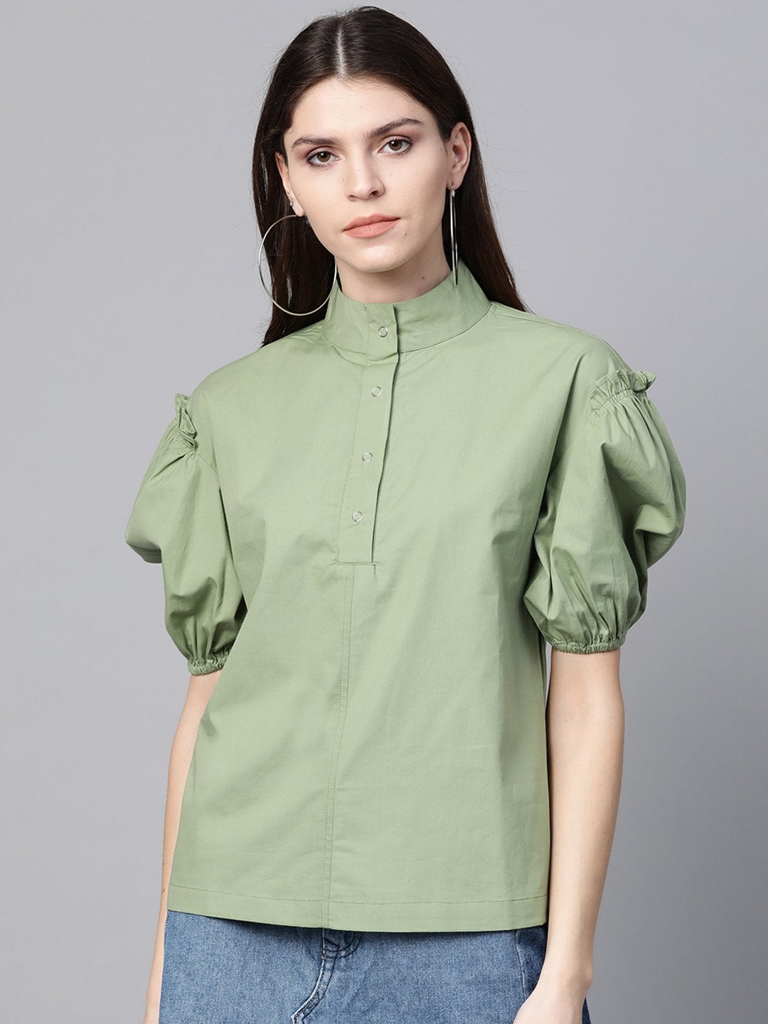 Women's Olive Puff Sleeve Regular Top - SASSAFRAS