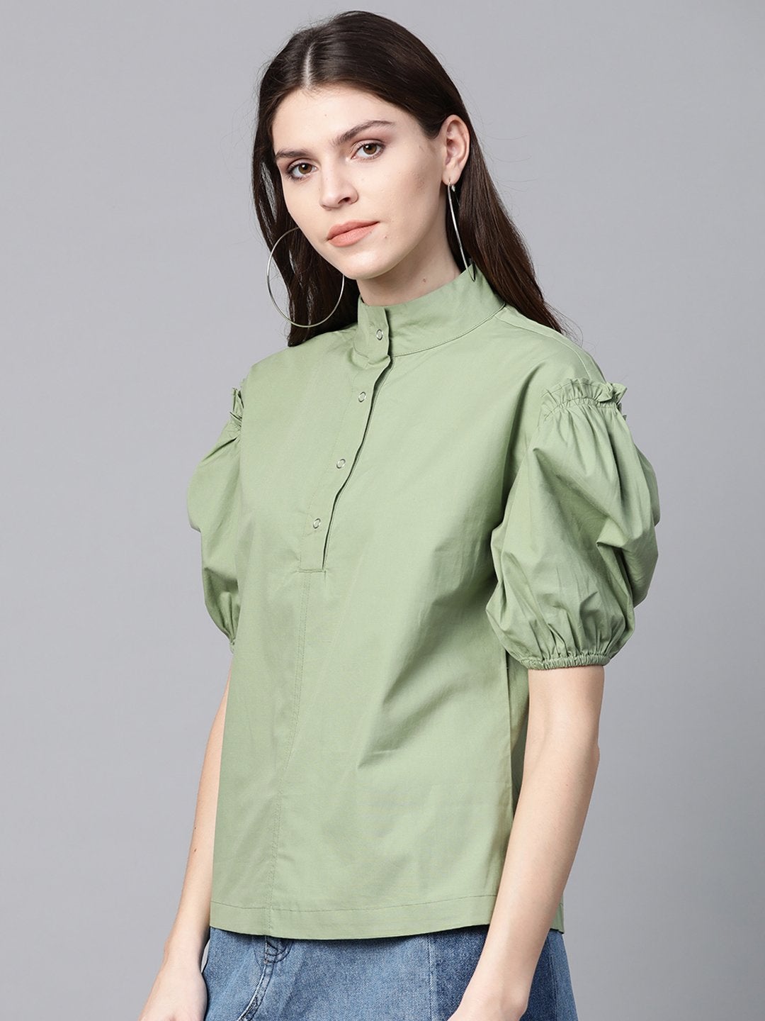 Women's Olive Puff Sleeve Regular Top - SASSAFRAS