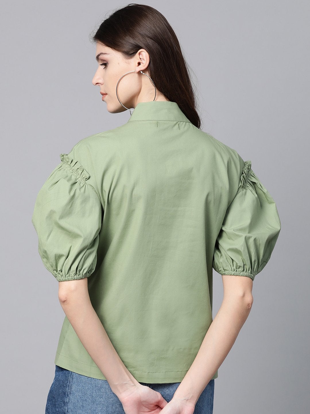 Women's Olive Puff Sleeve Regular Top - SASSAFRAS