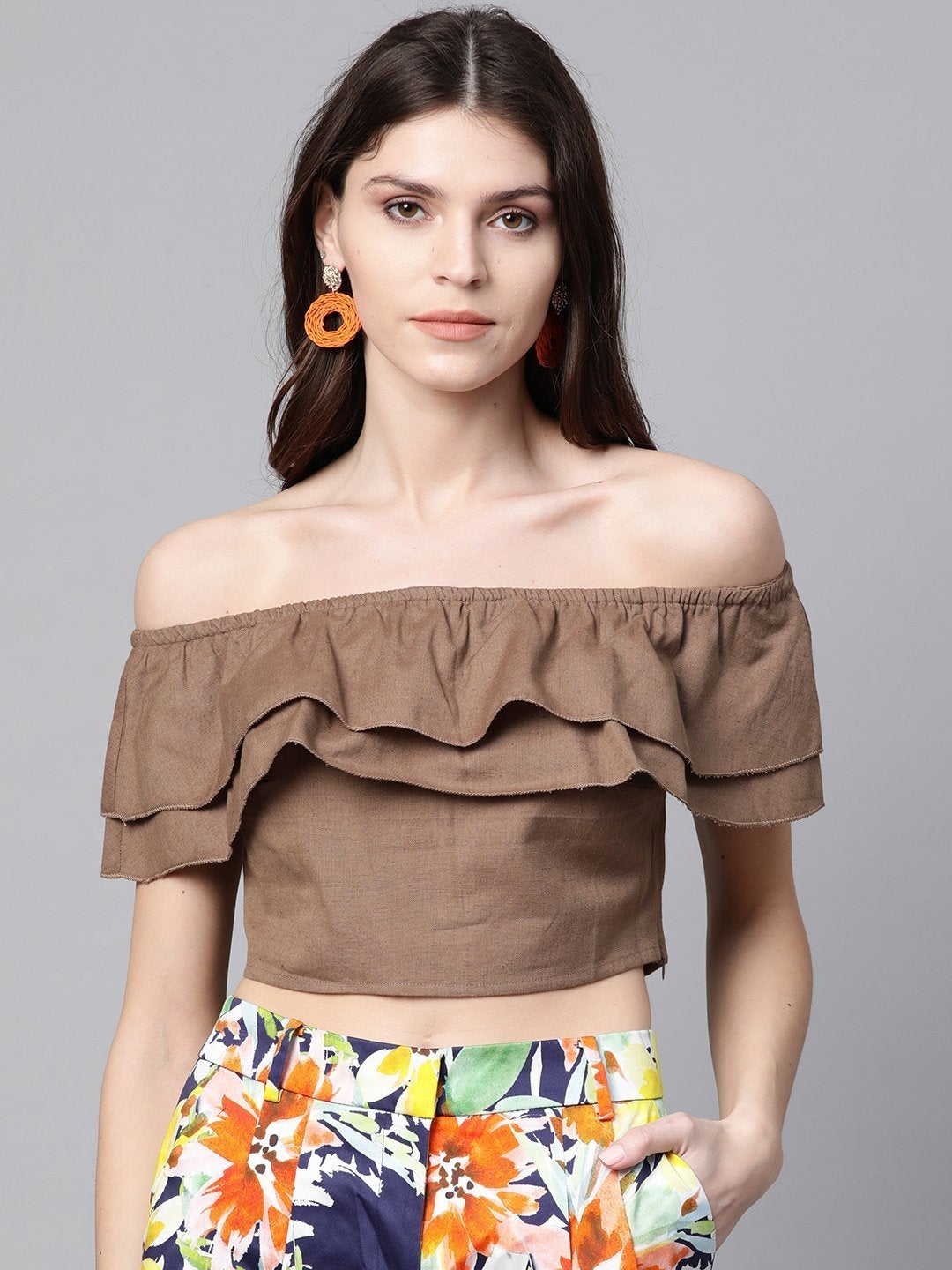 Women's Brown Off Shoulder Layer Crop Top - SASSAFRAS