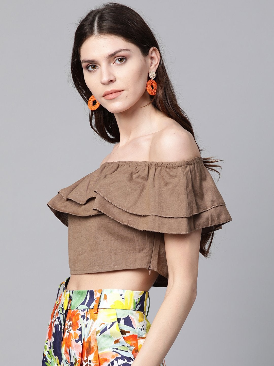 Women's Brown Off Shoulder Layer Crop Top - SASSAFRAS