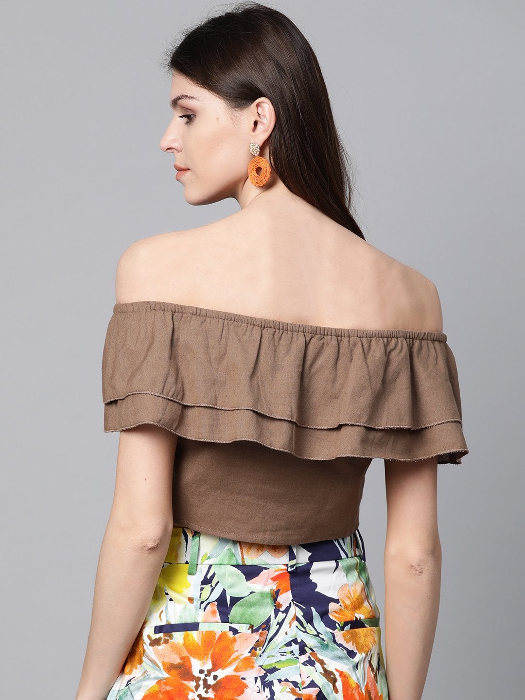 Women's Brown Off Shoulder Layer Crop Top - SASSAFRAS