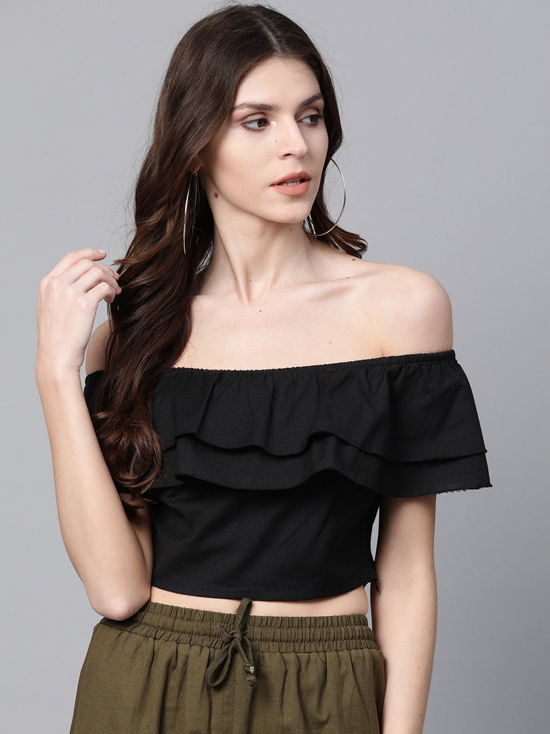 Women's Black Off Shoulder Layer Crop Top - SASSAFRAS