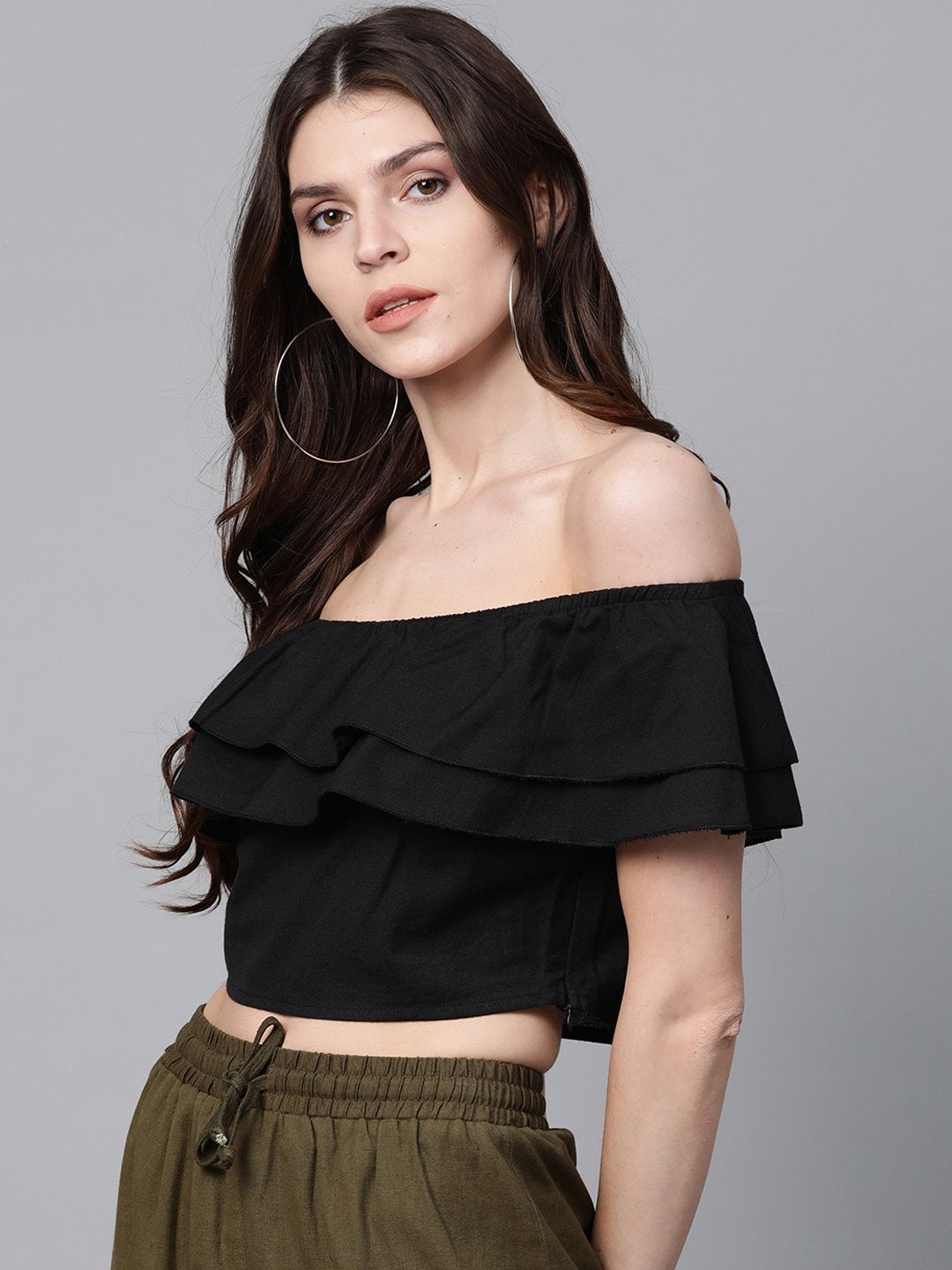 Women's Black Off Shoulder Layer Crop Top - SASSAFRAS