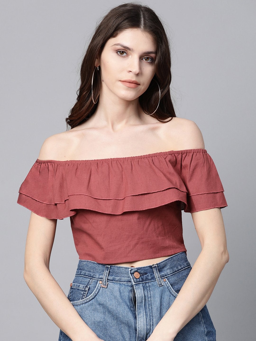 Women's Burgundy Off Shoulder Layer Crop Top - SASSAFRAS