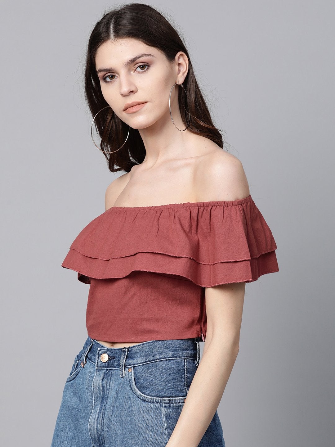 Women's Burgundy Off Shoulder Layer Crop Top - SASSAFRAS