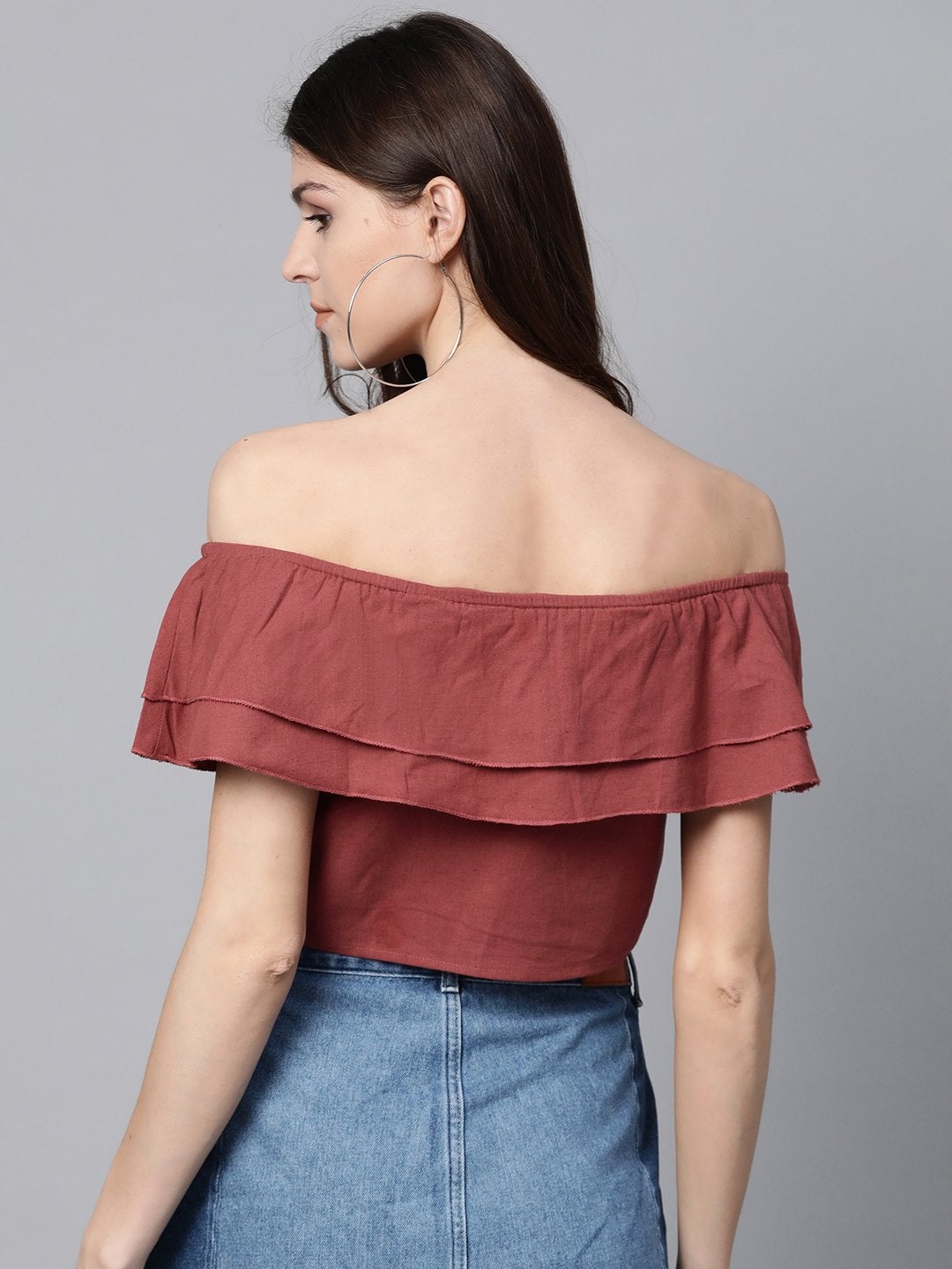 Women's Burgundy Off Shoulder Layer Crop Top - SASSAFRAS