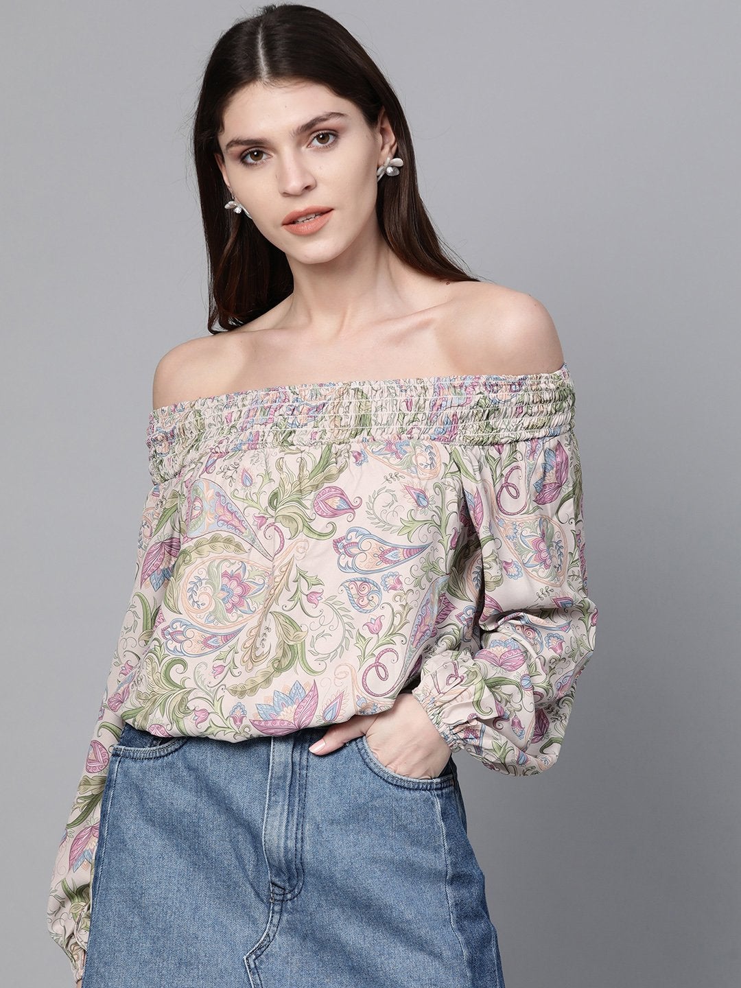 Women's Beige Paisley Smocked Bardot Crop Top - SASSAFRAS