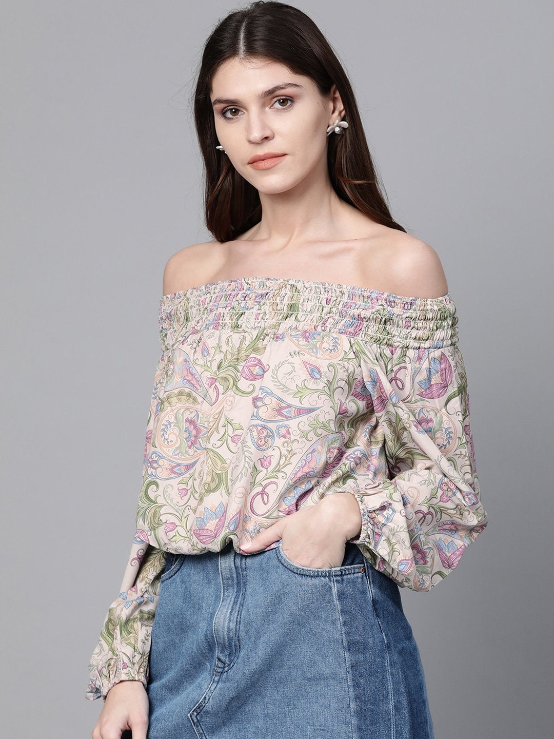 Women's Beige Paisley Smocked Bardot Crop Top - SASSAFRAS