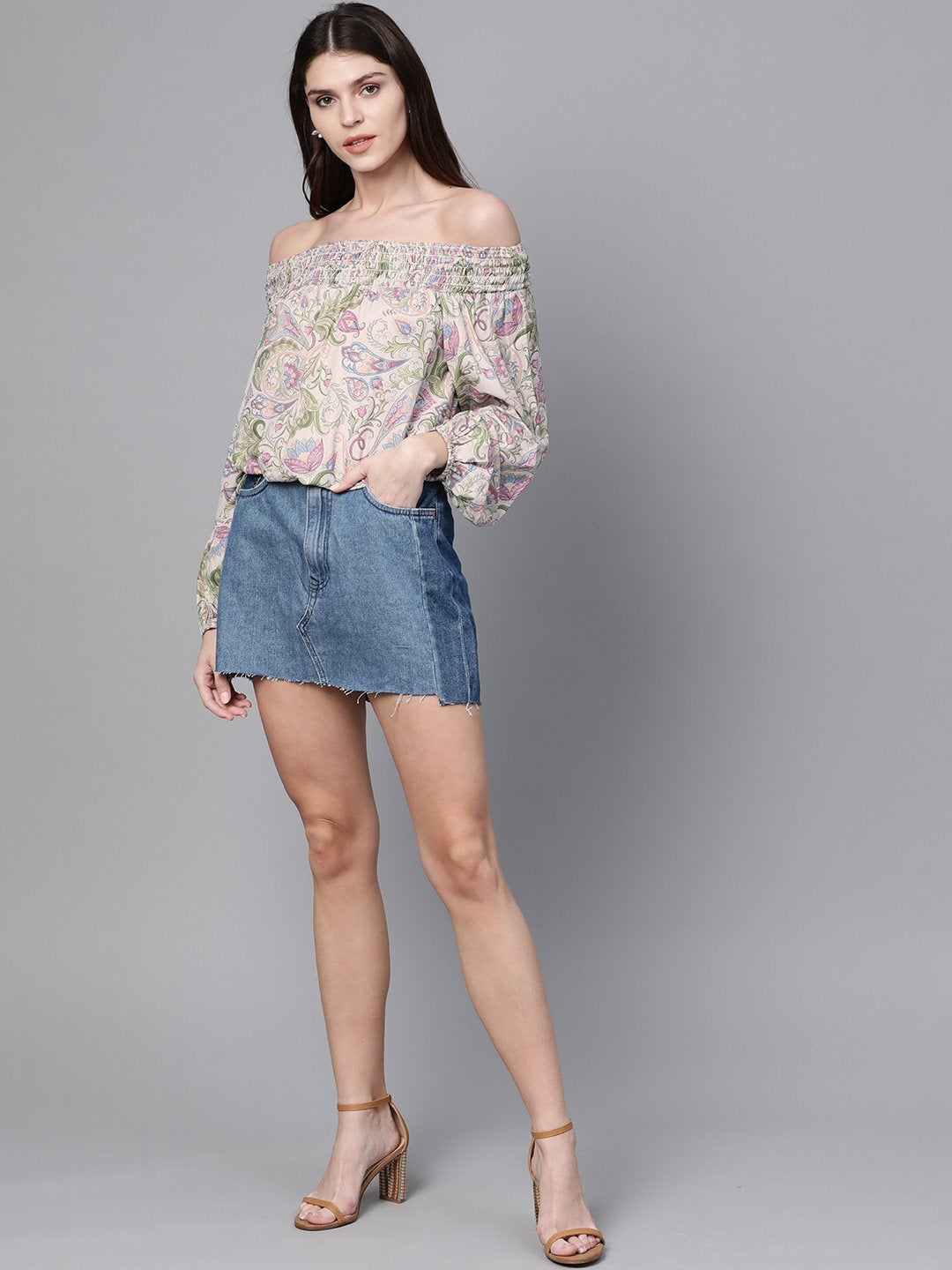 Women's Beige Paisley Smocked Bardot Crop Top - SASSAFRAS