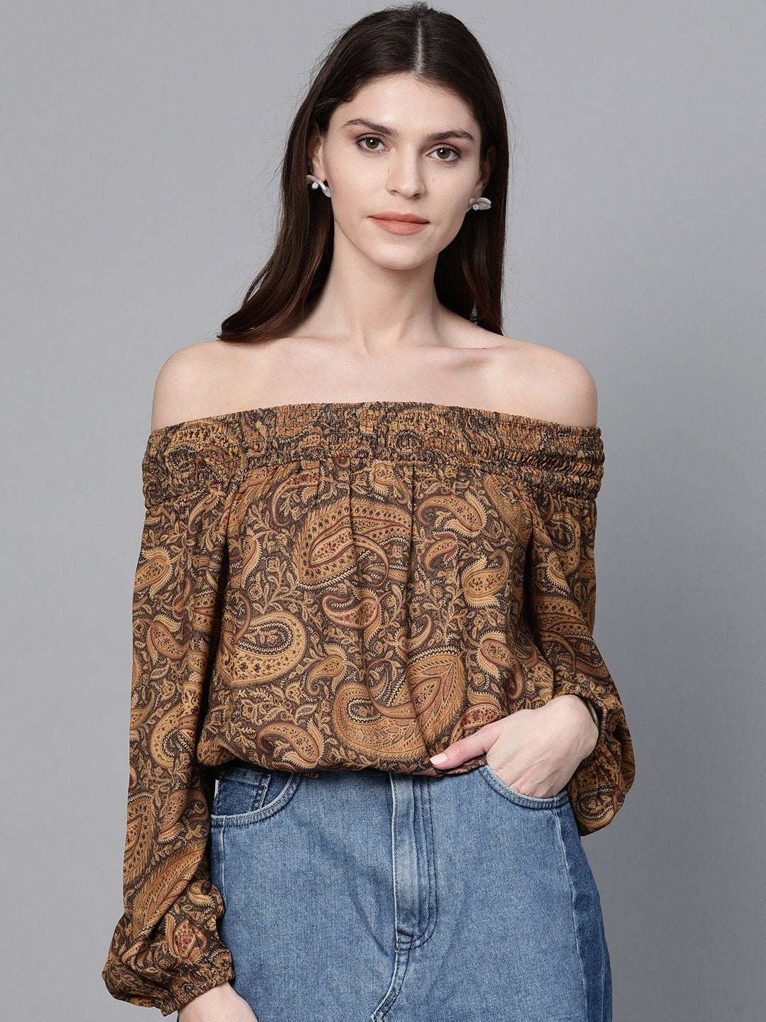 Women's Brown Paisley Smocked Bardot Crop Top - SASSAFRAS