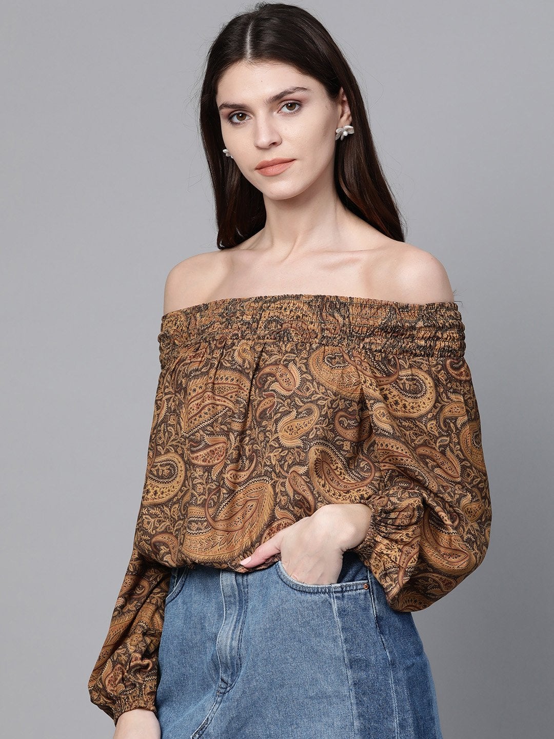 Women's Brown Paisley Smocked Bardot Crop Top - SASSAFRAS