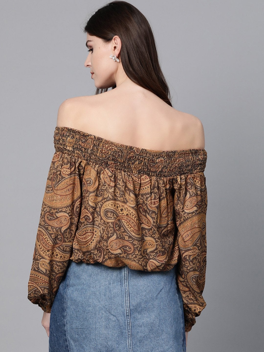 Women's Brown Paisley Smocked Bardot Crop Top - SASSAFRAS