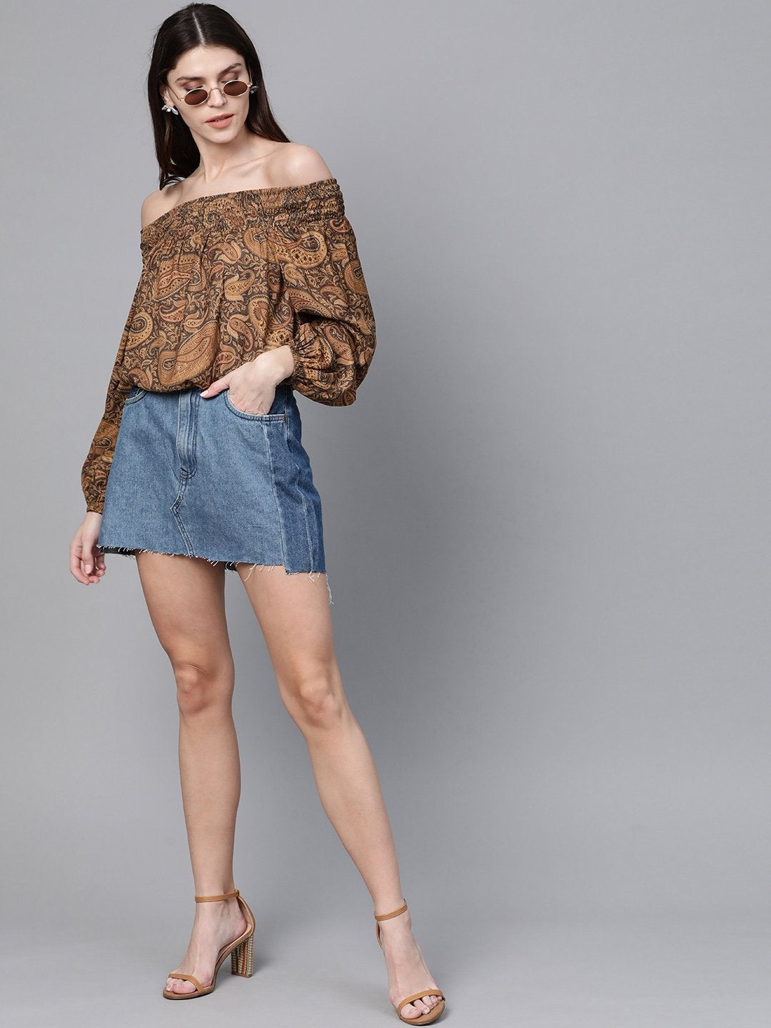 Women's Brown Paisley Smocked Bardot Crop Top - SASSAFRAS