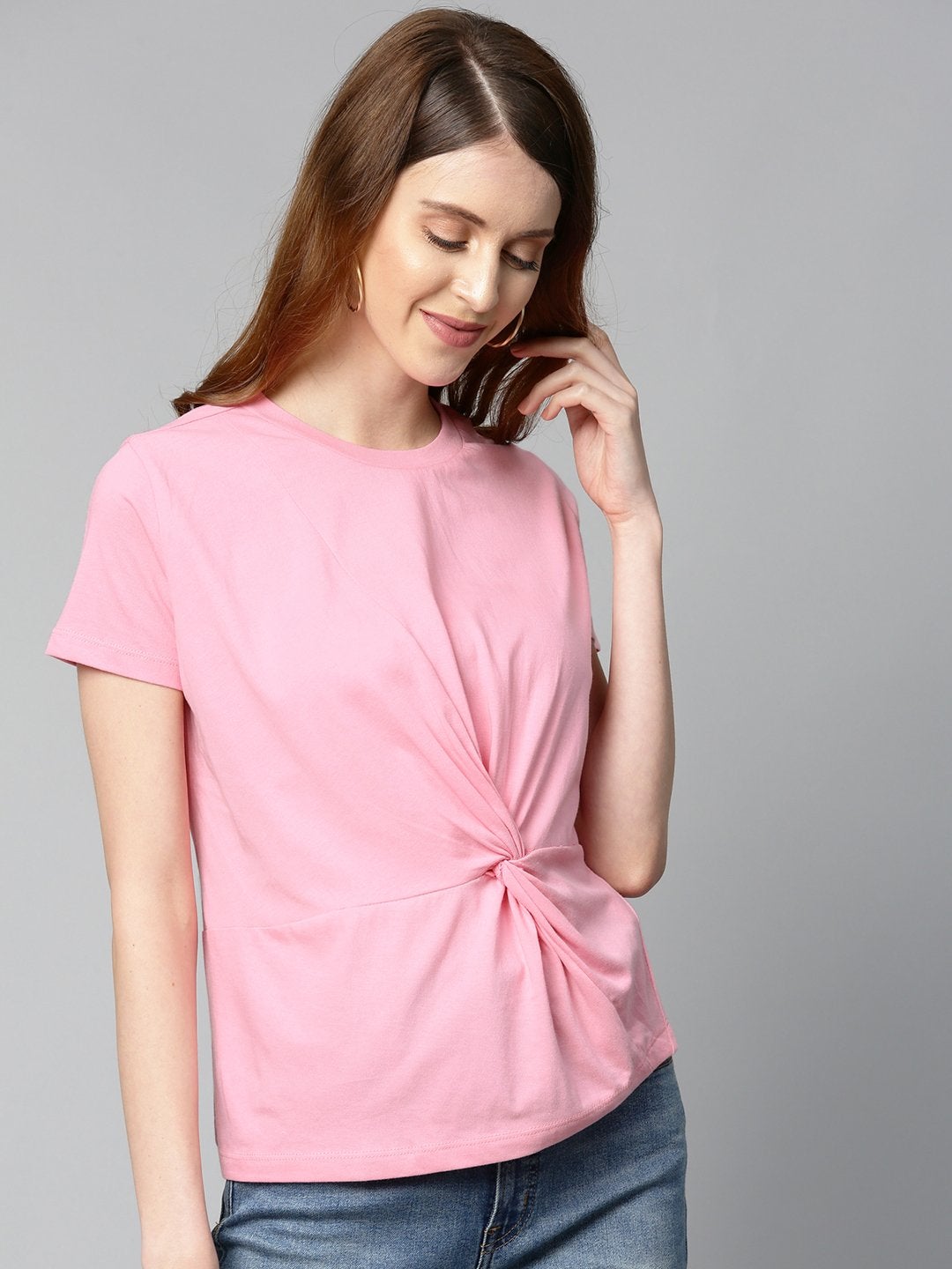 Women's Pink Twisted Knot Regular T-Shirt - SASSAFRAS