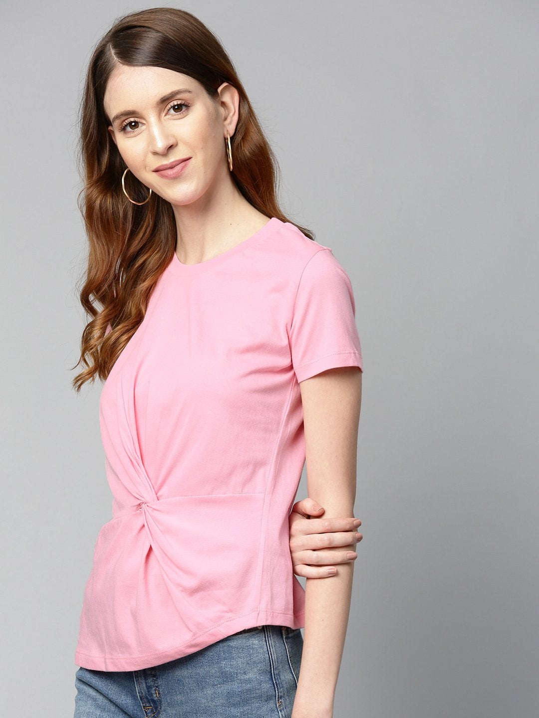 Women's Pink Twisted Knot Regular T-Shirt - SASSAFRAS