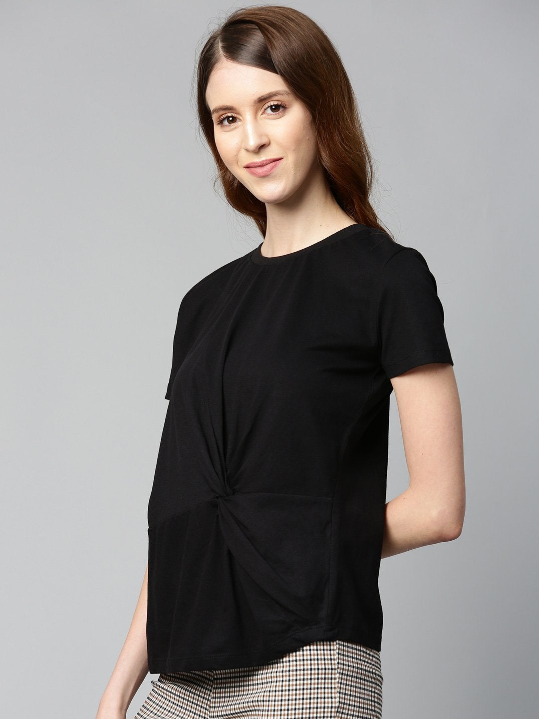 Women's Black Twisted Knot Regular T-Shirt - SASSAFRAS