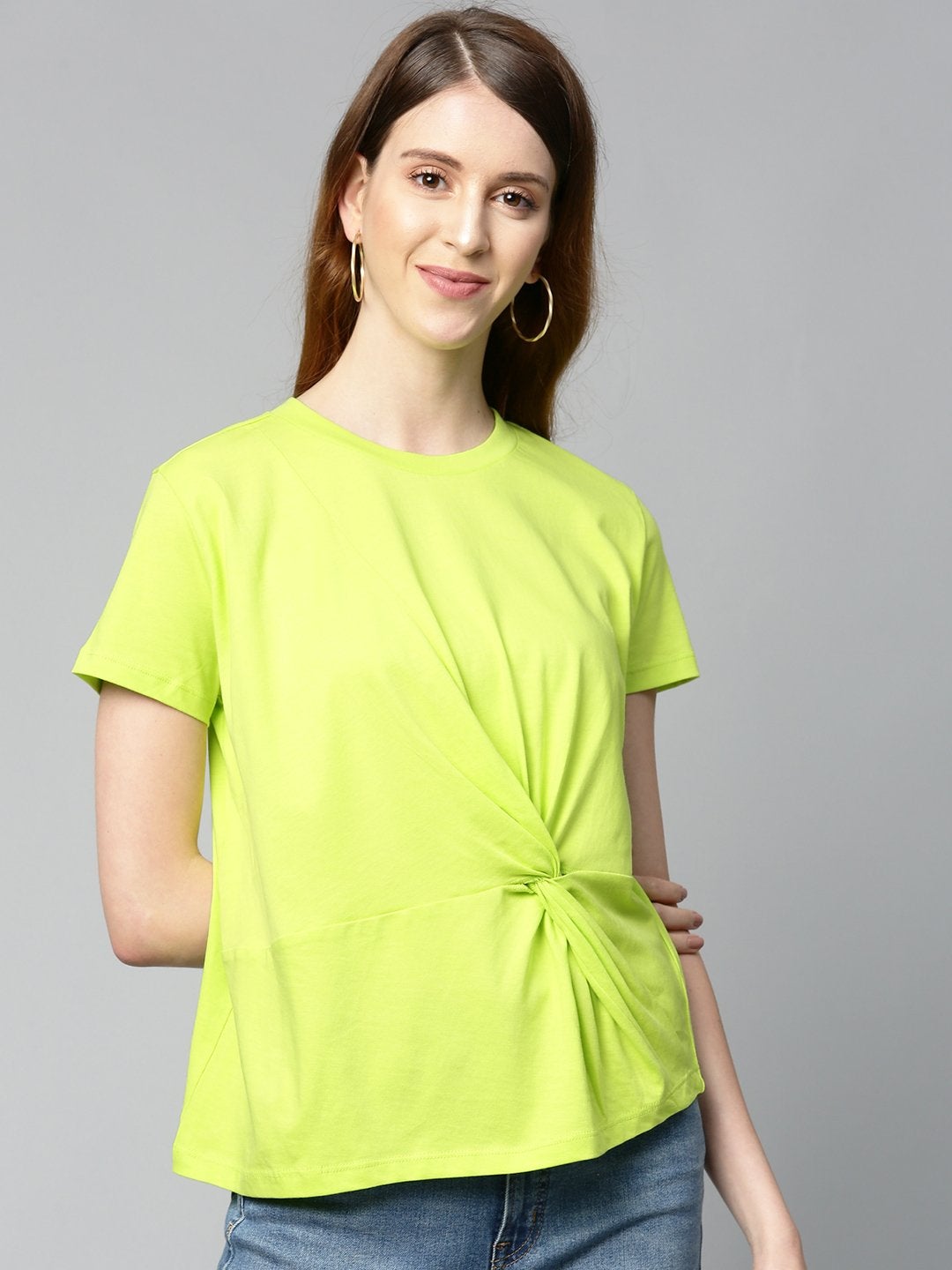 Women's Neon Green Twisted Knot Regular T-Shirt - SASSAFRAS