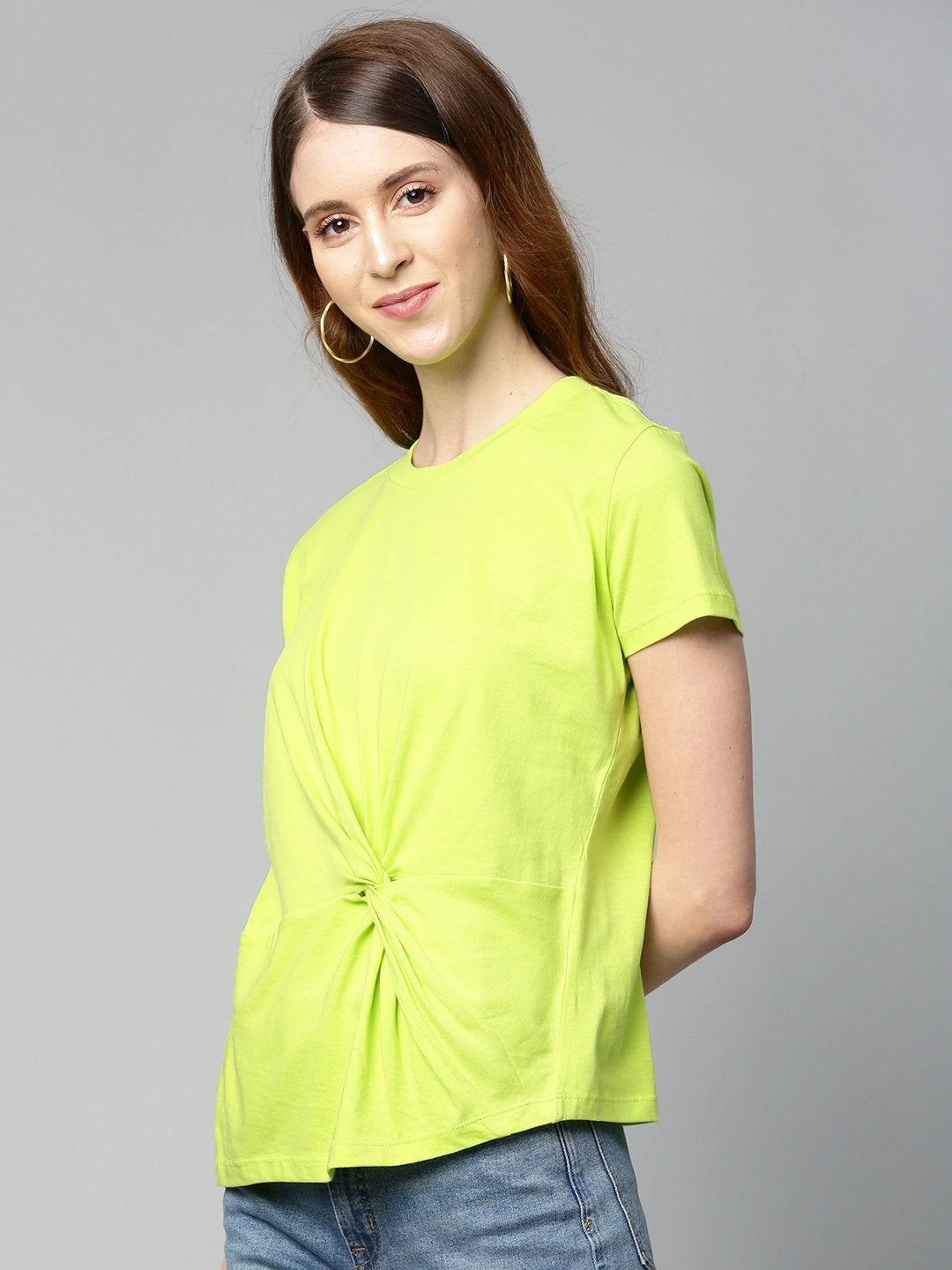 Women's Neon Green Twisted Knot Regular T-Shirt - SASSAFRAS