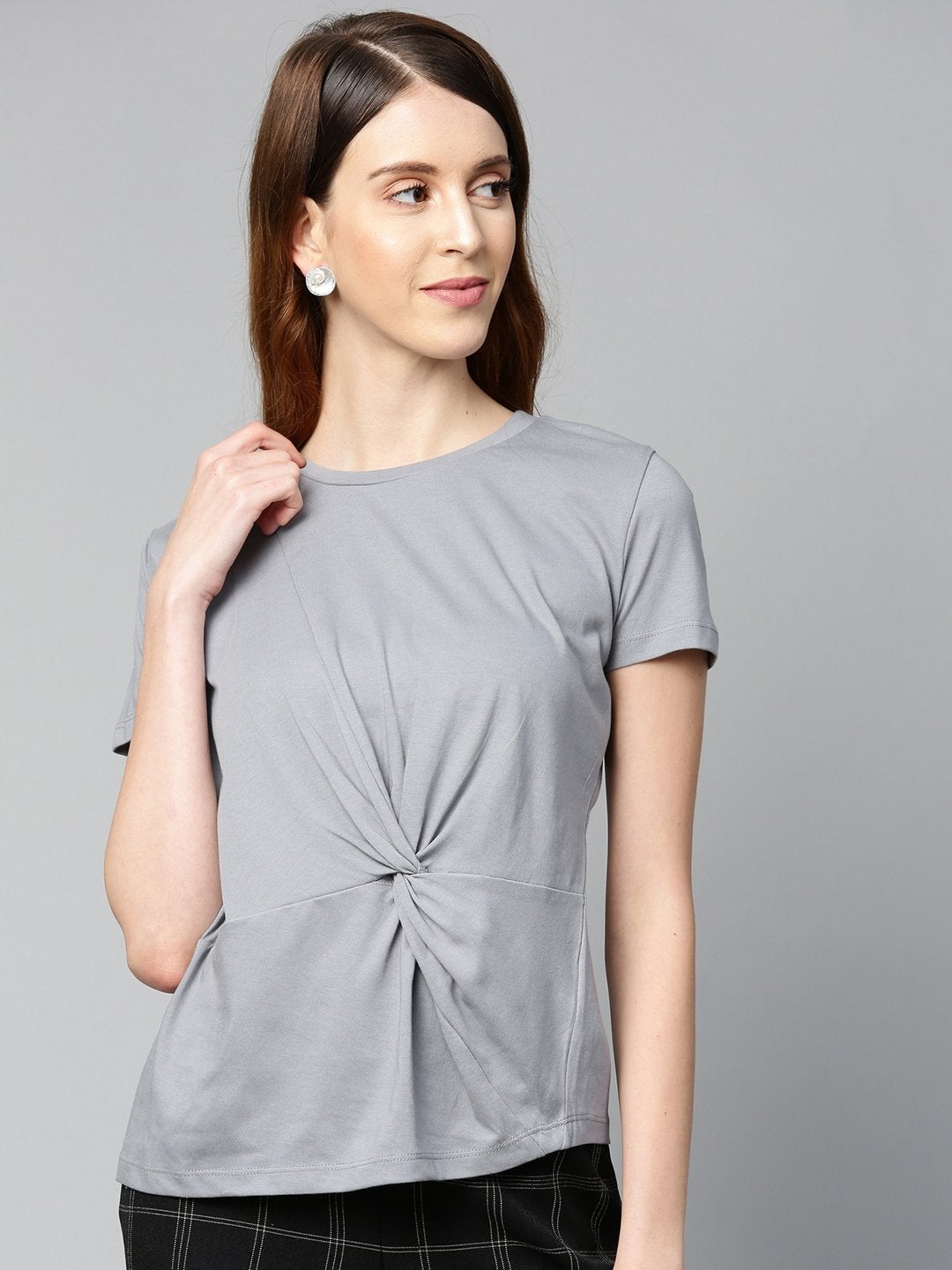 Women's Grey Twisted Knot Regular T-Shirt - SASSAFRAS