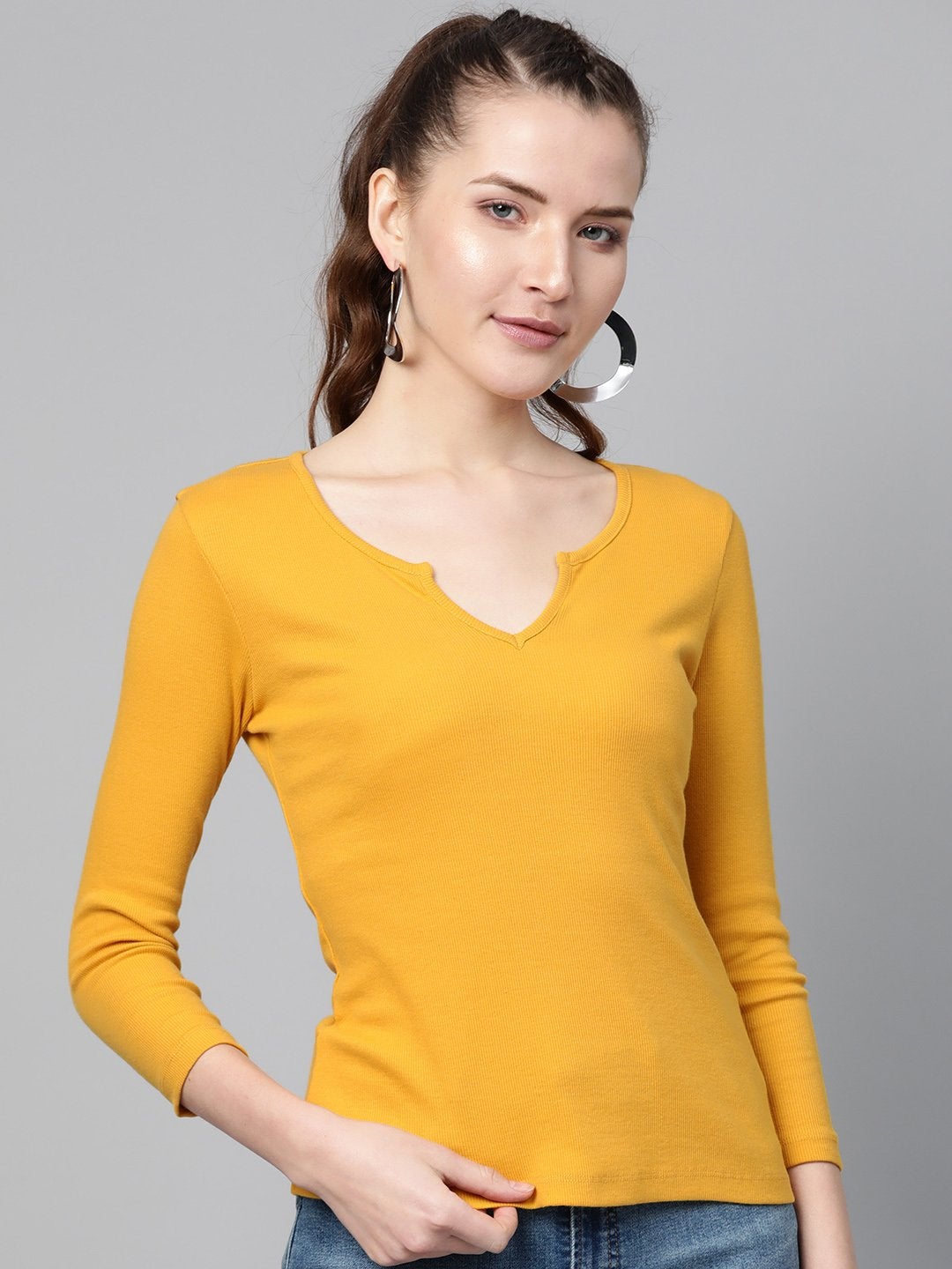 Women's Mustard Rib V-Neck T-Shirt - SASSAFRAS