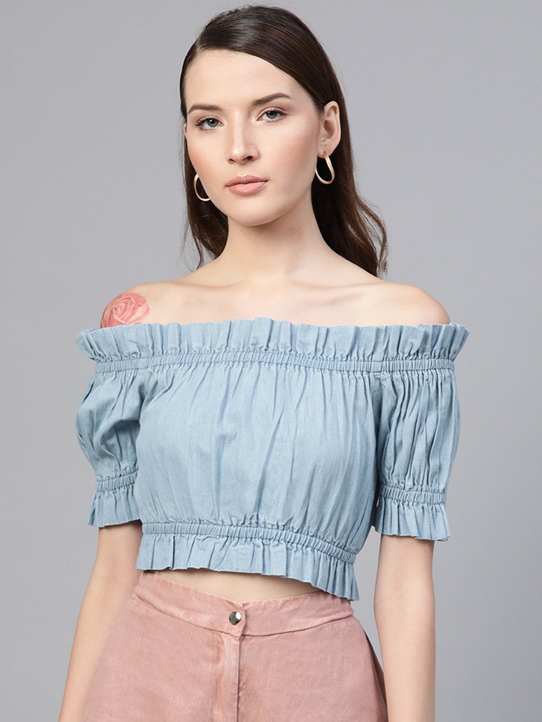 Women's Ice Blue Bardot Denim Crop Top - SASSAFRAS