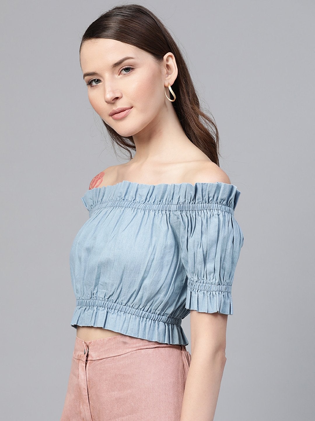 Women's Ice Blue Bardot Denim Crop Top - SASSAFRAS