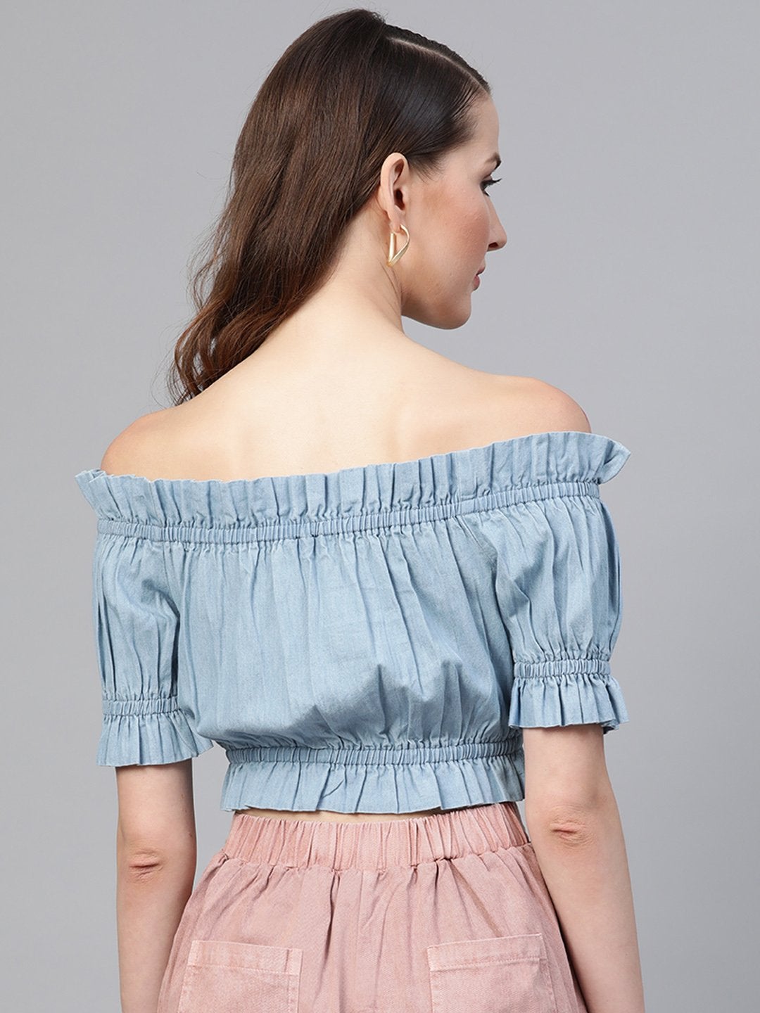 Women's Ice Blue Bardot Denim Crop Top - SASSAFRAS