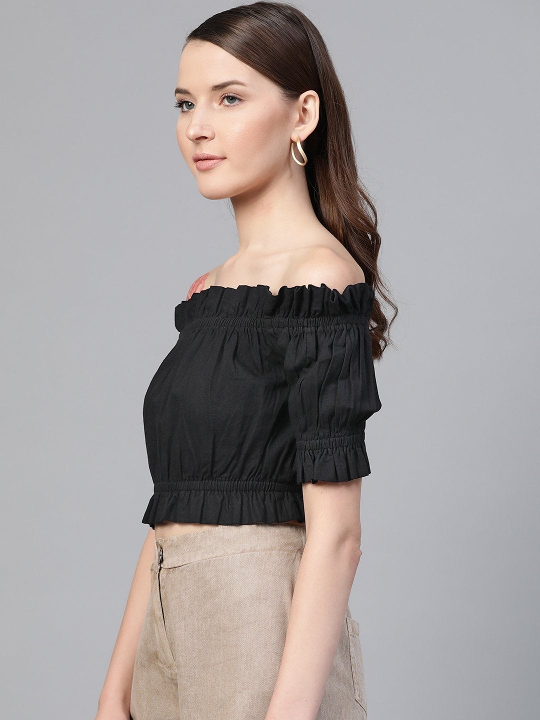 Women's Black Bardot Denim Crop Top - SASSAFRAS