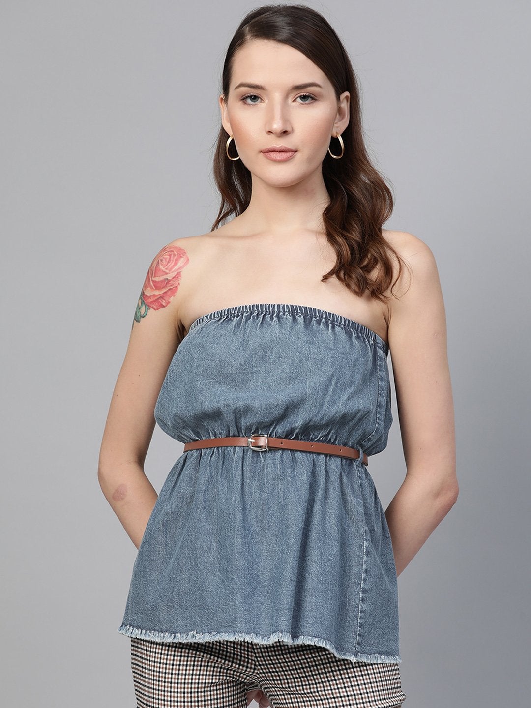 Women's Blue Denim Acid Wash Tube Top - SASSAFRAS