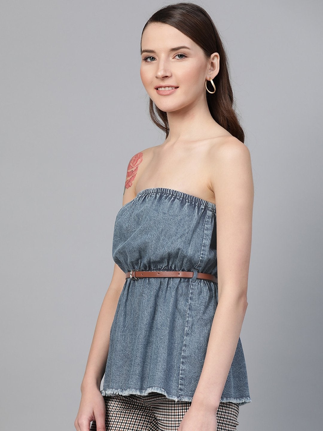 Women's Blue Denim Acid Wash Tube Top - SASSAFRAS