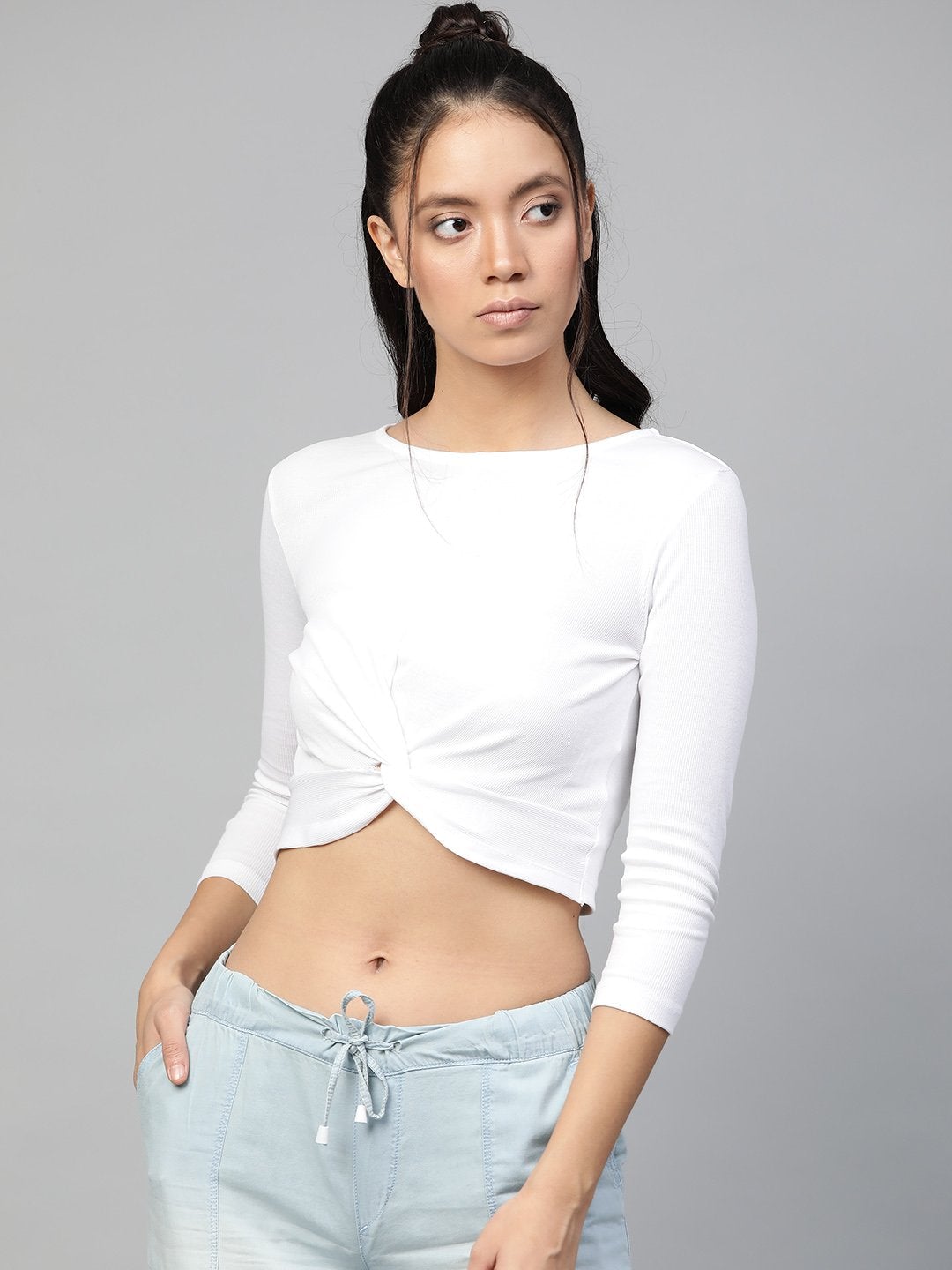 Women's White Rib Twisted Knot Crop Top - SASSAFRAS