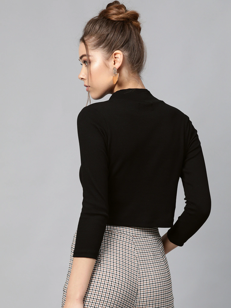 Women's Black Rib Turtle Neck Crop Top
