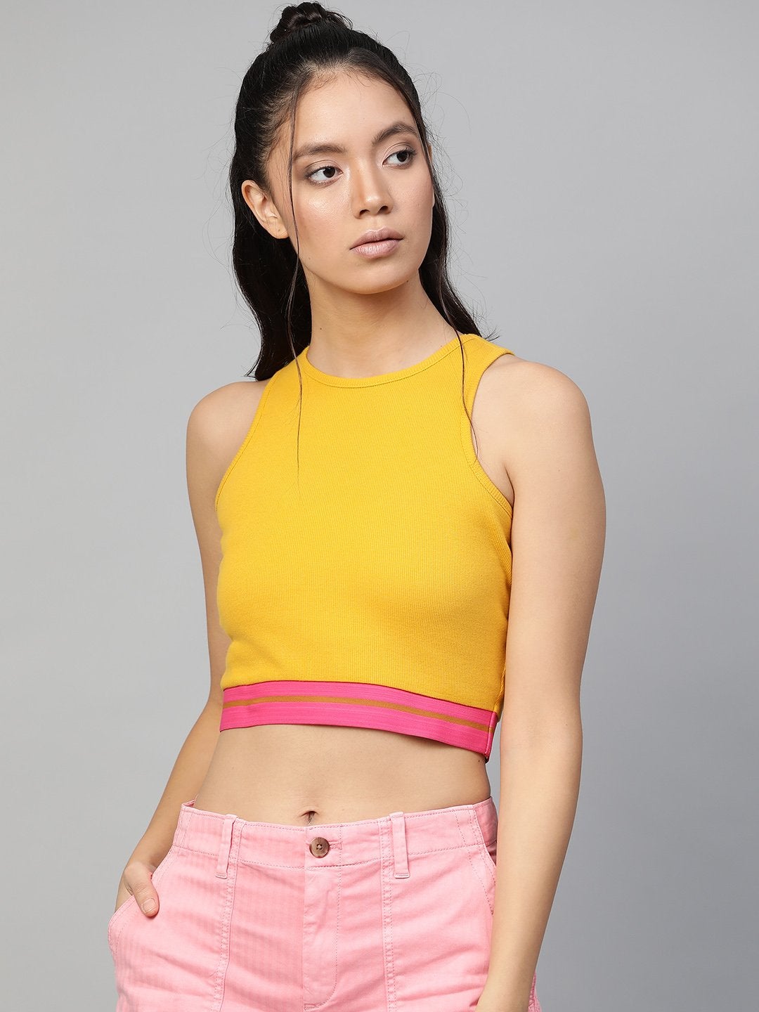 Women's Mustard Rib Contrast Tape Crop Top - SASSAFRAS