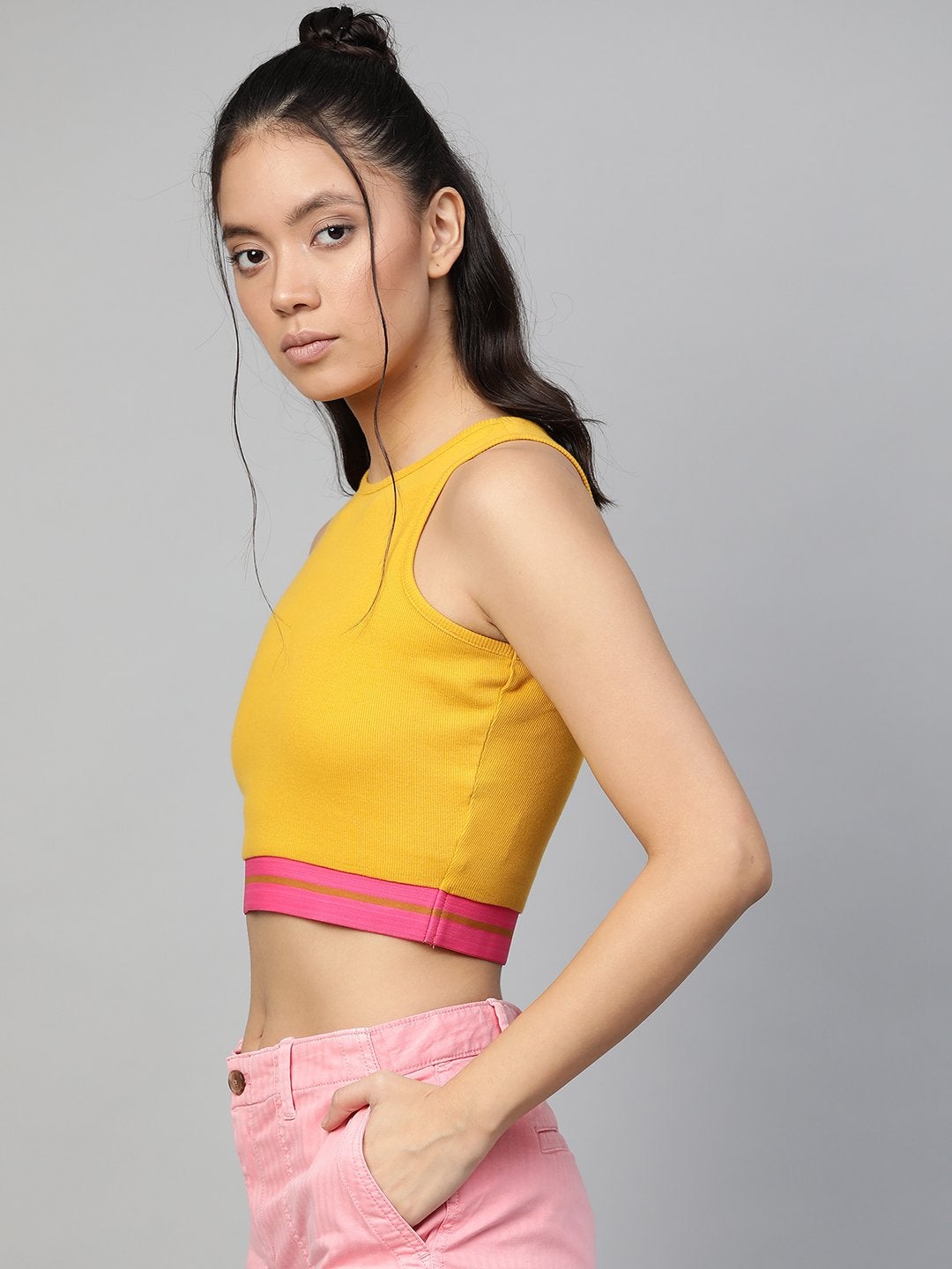 Women's Mustard Rib Contrast Tape Crop Top - SASSAFRAS