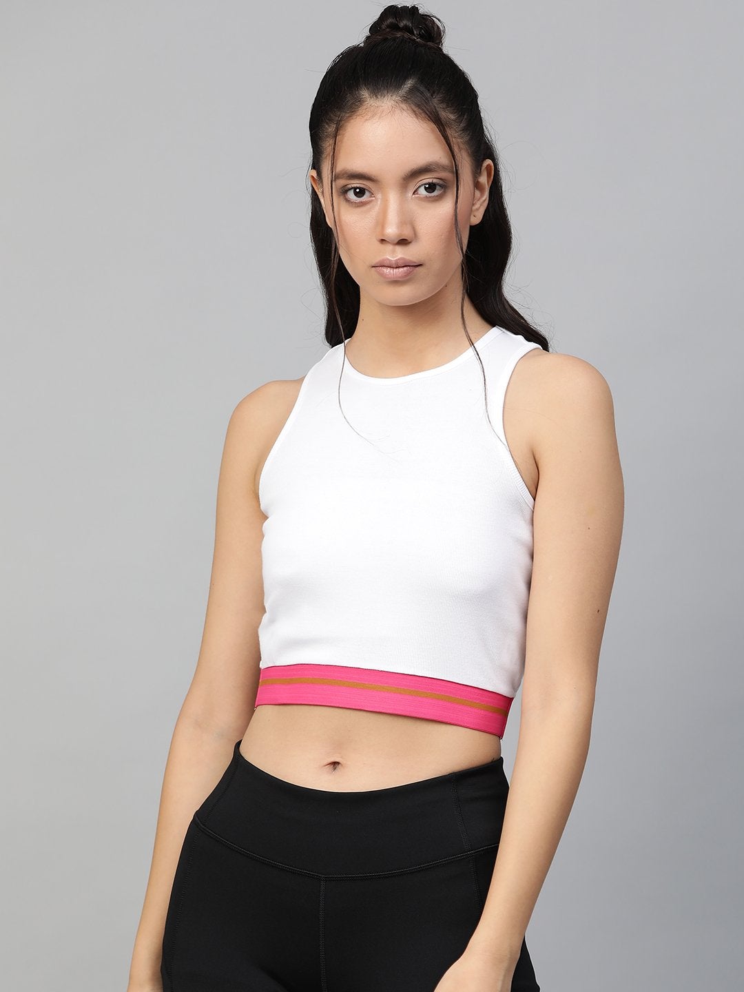 Women's White Rib Contrast Tape Crop Top - SASSAFRAS