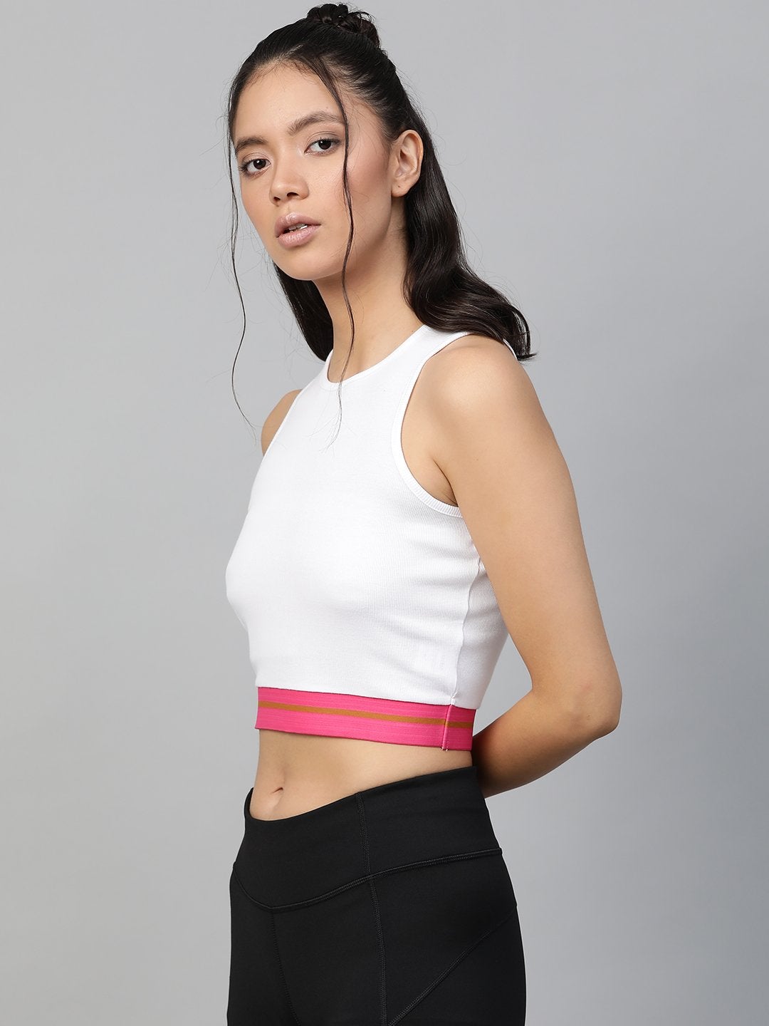 Women's White Rib Contrast Tape Crop Top - SASSAFRAS