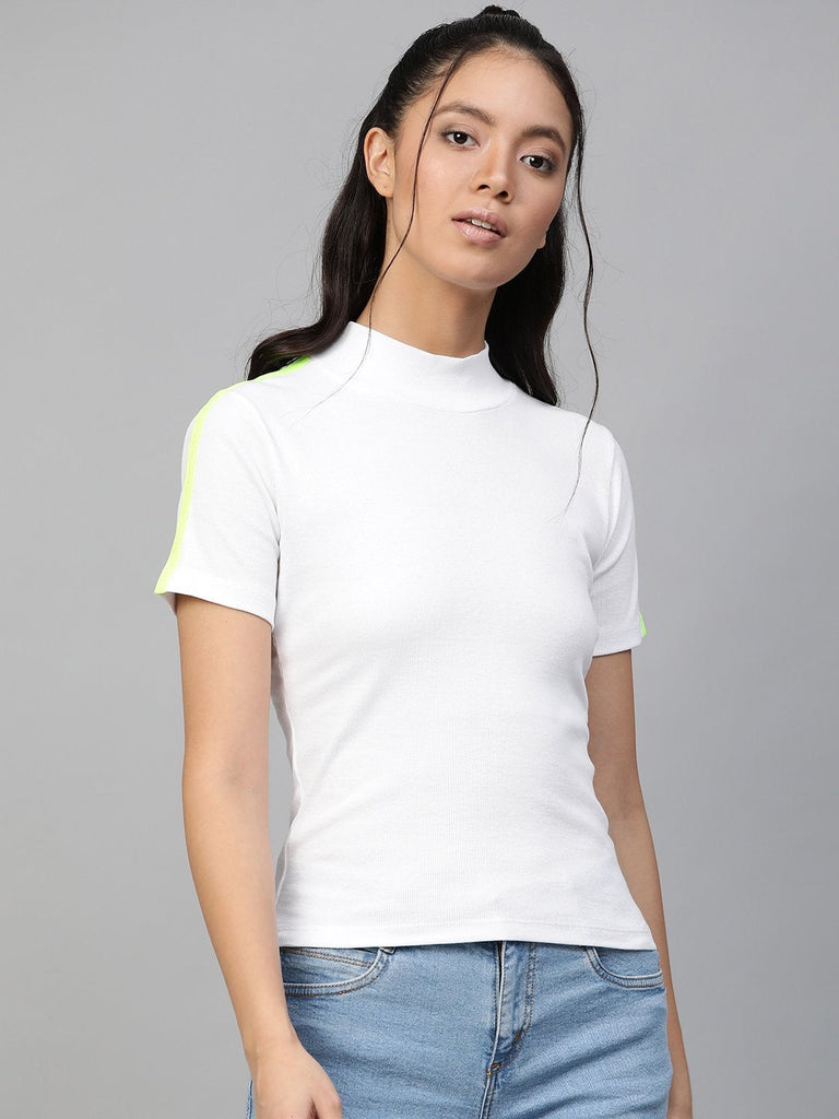 Women's White Rib High Neck Shoulder Tape Top