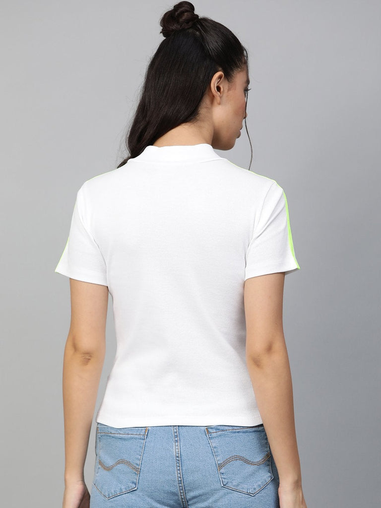 Women's White Rib High Neck Shoulder Tape Top