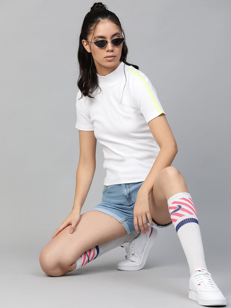 Women's White Rib High Neck Shoulder Tape Top