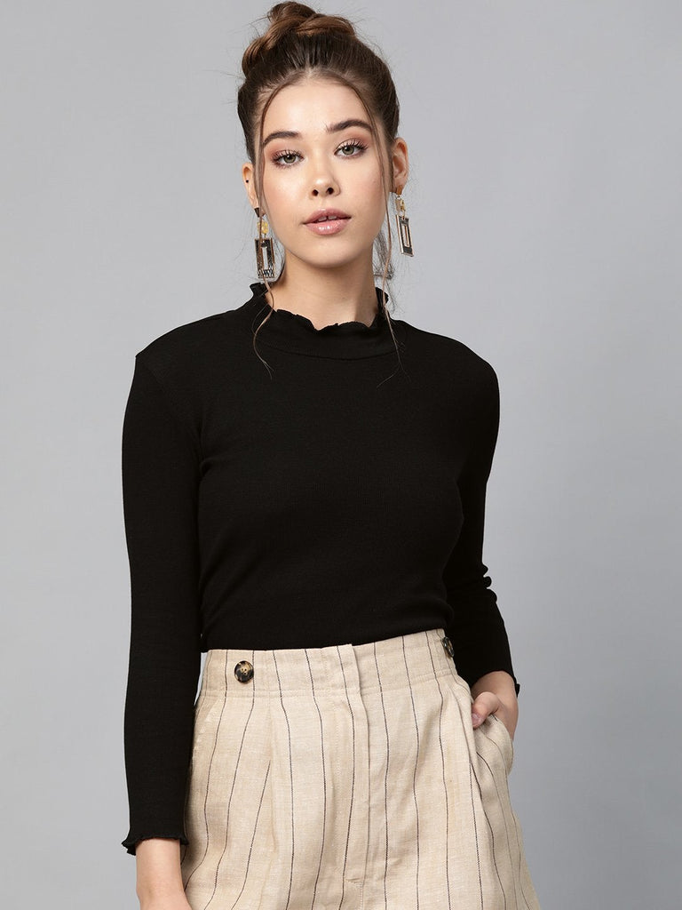 Women's Black Rib High Neck Full Sleeve Top