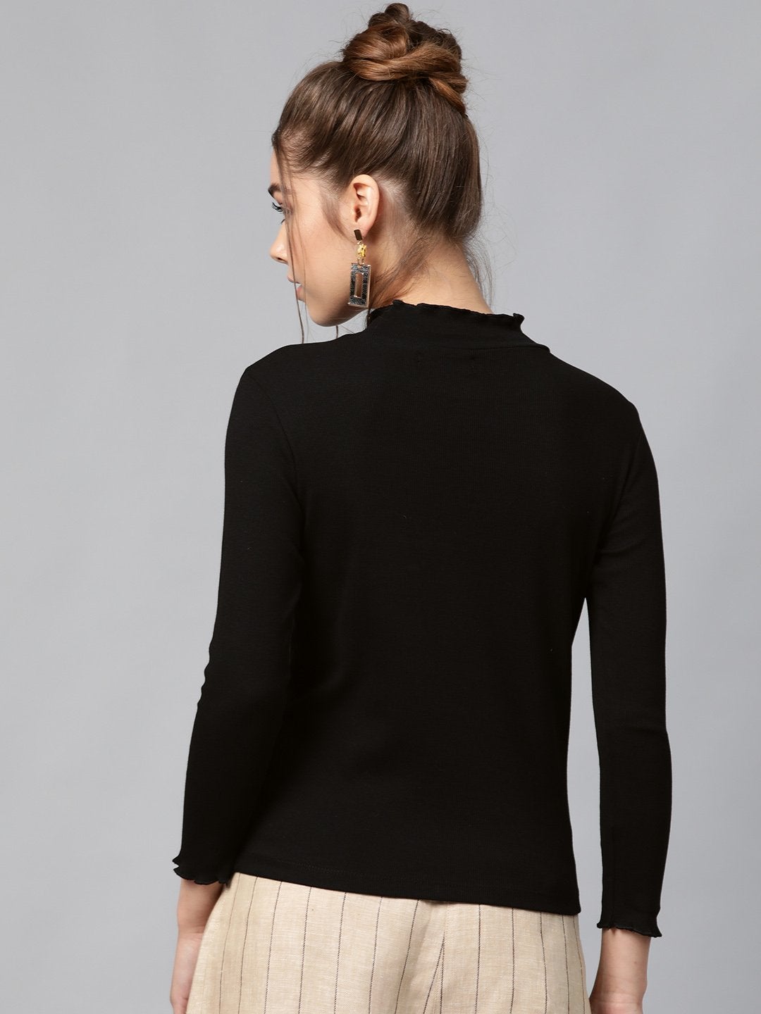 Women's Black Rib High Neck Full Sleeve Top - SASSAFRAS