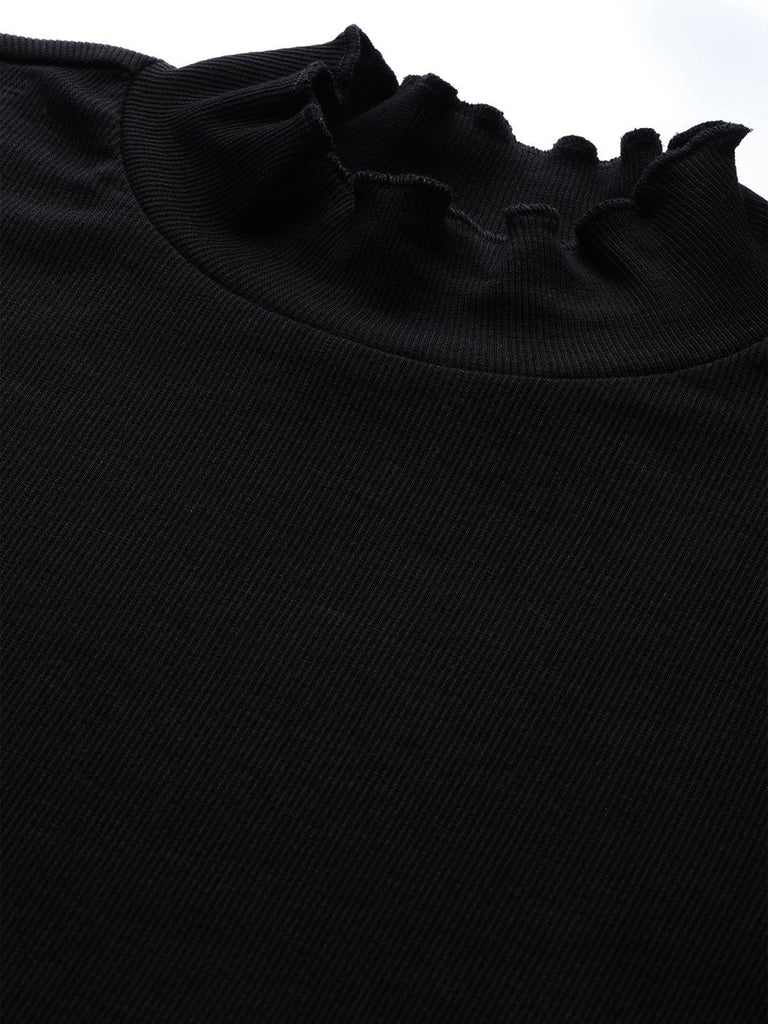 Women's Black Rib High Neck Full Sleeve Top
